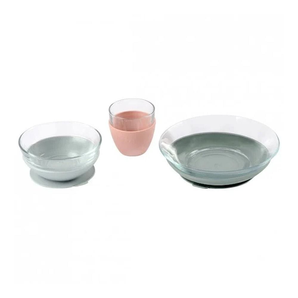 Beaba Glass Meal Set, Healthy And Hygienic Material, Easy To Clean, Flexible Suction Cup Base, Scratch-Resistant, Evolving Design - Eucalyptus