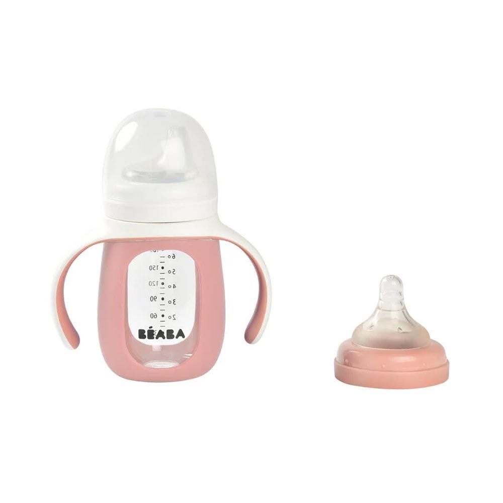 Beaba 2 In 1 Learning Bottle 210ml With Silicone Sleeve, Removable Cover And Handles, 100% Leak-proof, Fully Disassemblable - Old Pink