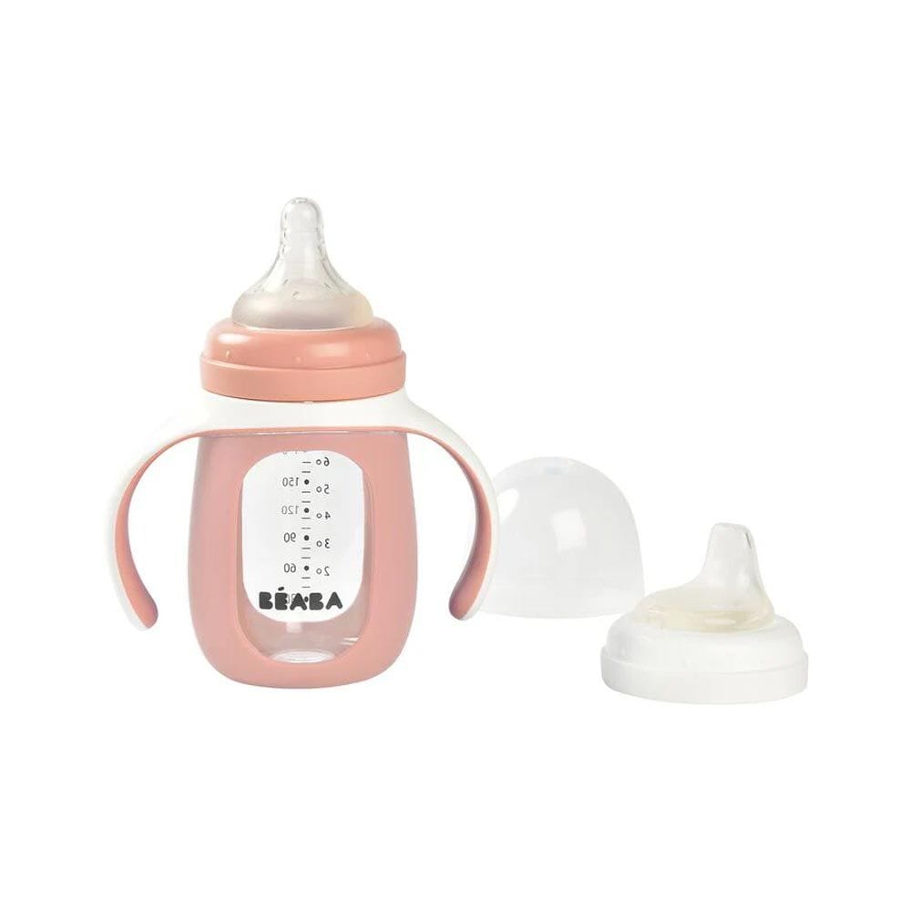 Beaba 2 In 1 Learning Bottle 210ml With Silicone Sleeve, Removable Cover And Handles, 100% Leak-proof, Fully Disassemblable - Old Pink
