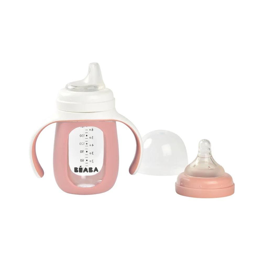 Beaba 2 In 1 Learning Bottle 210ml With Silicone Sleeve, Removable Cover And Handles, 100% Leak-proof, Fully Disassemblable - Old Pink