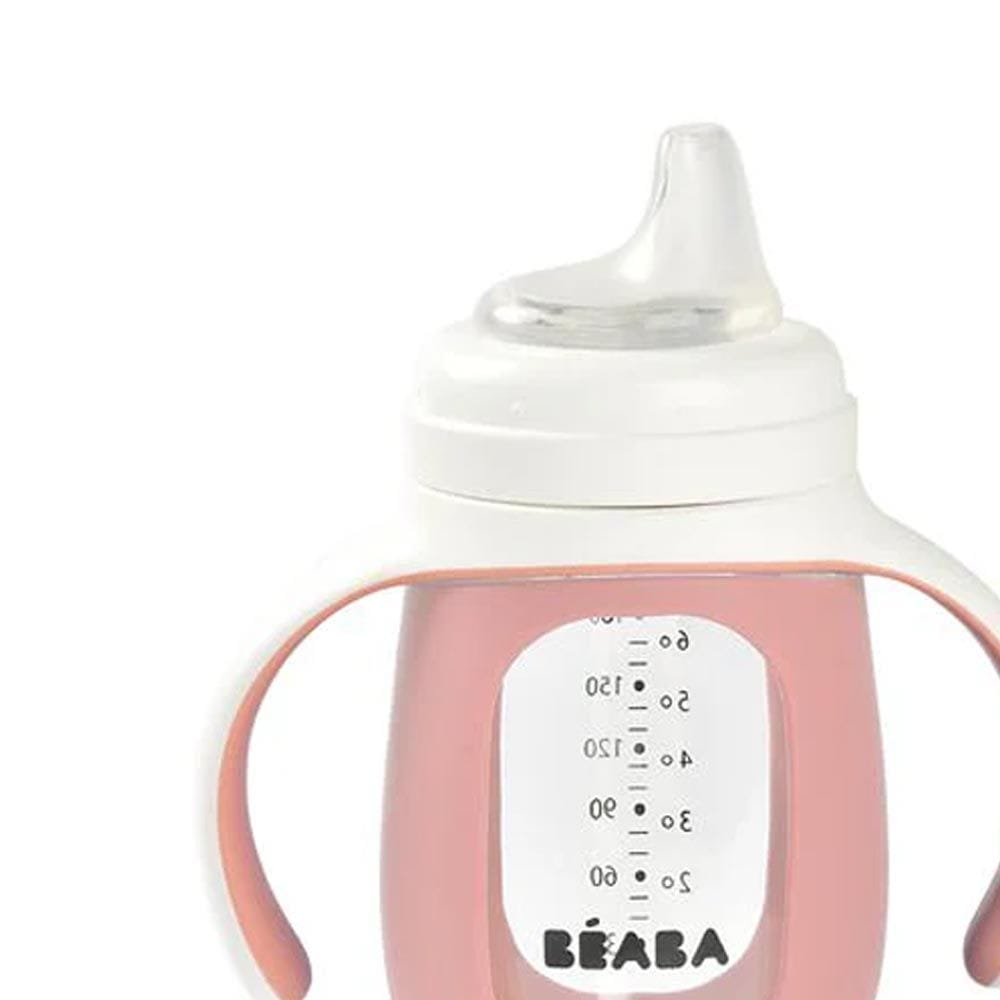 Beaba 2 In 1 Learning Bottle 210ml With Silicone Sleeve, Removable Cover And Handles, 100% Leak-proof, Fully Disassemblable - Old Pink
