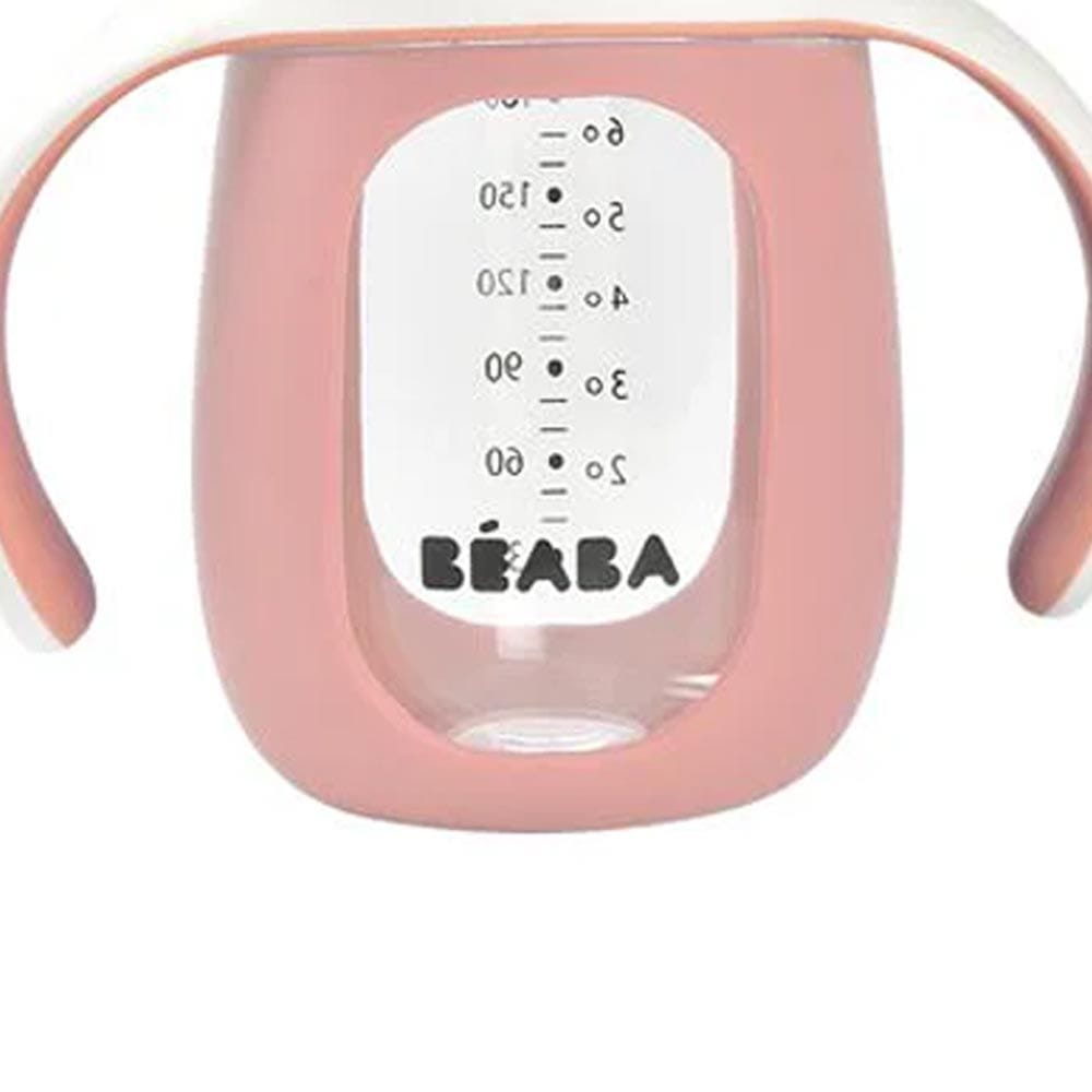 Beaba 2 In 1 Learning Bottle 210ml With Silicone Sleeve, Removable Cover And Handles, 100% Leak-proof, Fully Disassemblable - Old Pink