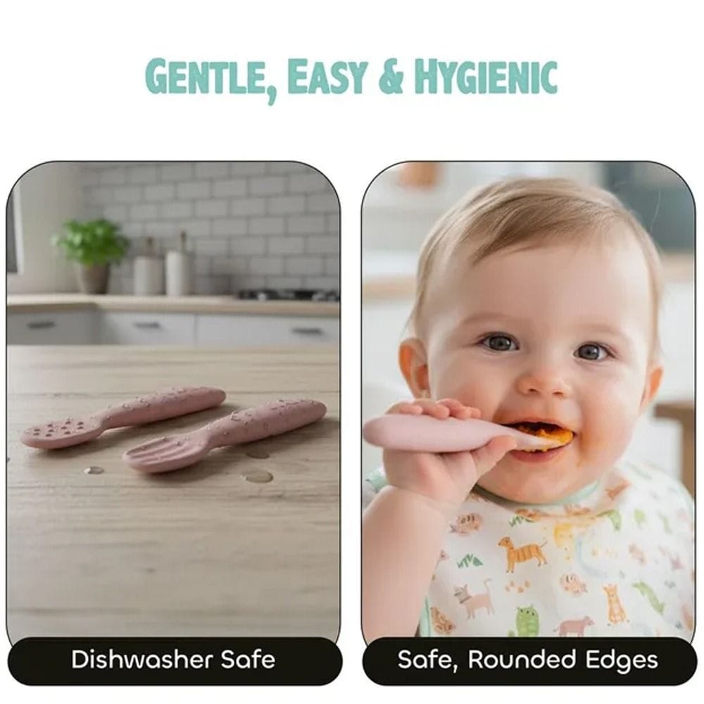 Beaba Silicone Pre-Spoons 4+ Months Set of 2, Grip Optimization, Gentle On Gums, Round Ergonomic Handle - Cotton Candy/Sorbet