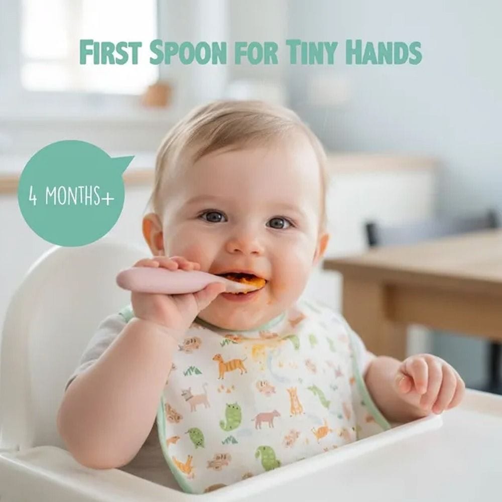 Beaba Silicone Pre-Spoons 4+ Months Set of 2, Grip Optimization, Gentle On Gums, Round Ergonomic Handle - Cotton Candy/Sorbet