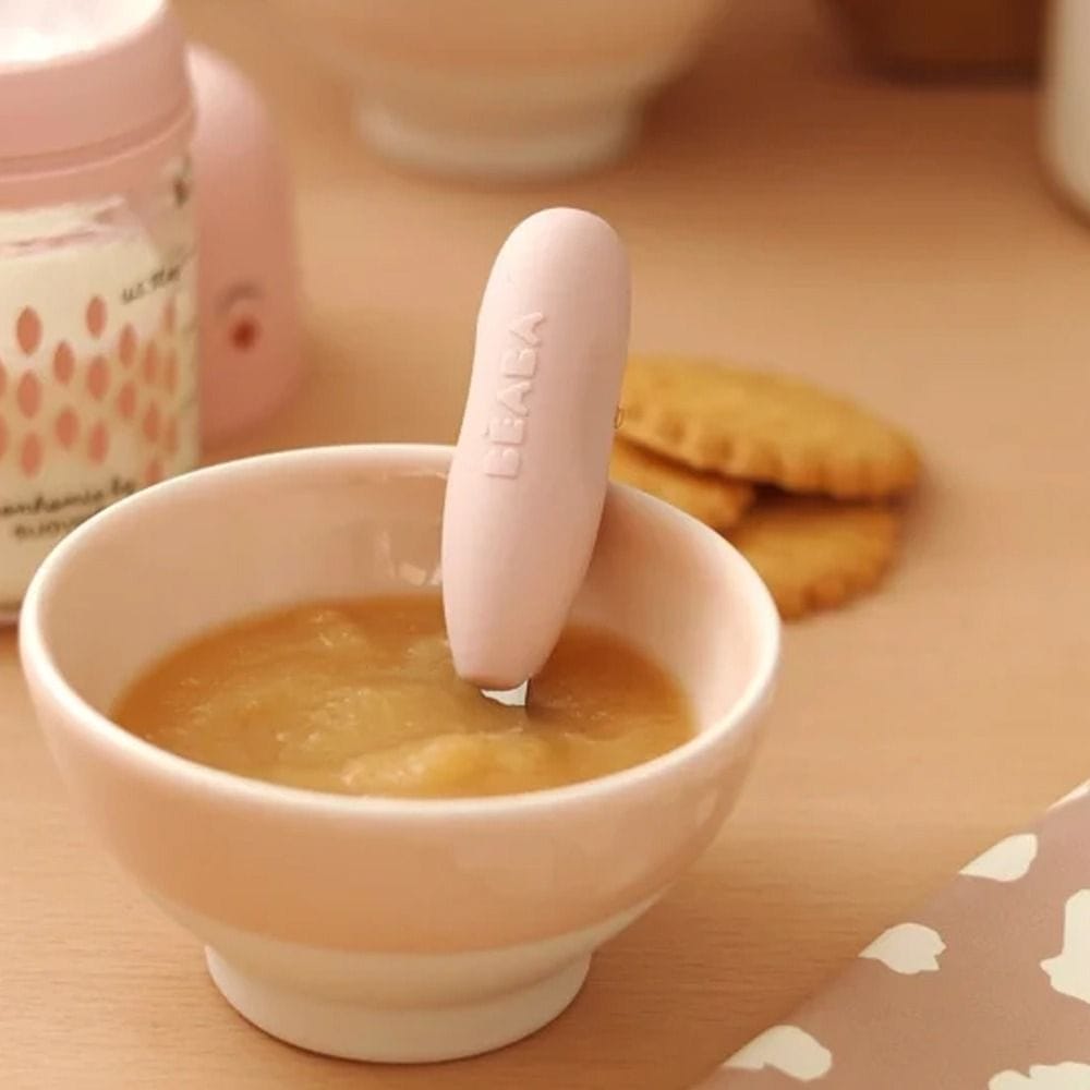 Beaba Stainless Steel Pre-Cutlery Fork And Spoon Set of 2, Short Handle With Rounded Lines, Symmetrical Shape, Shallow Spoon - Cotton Candy