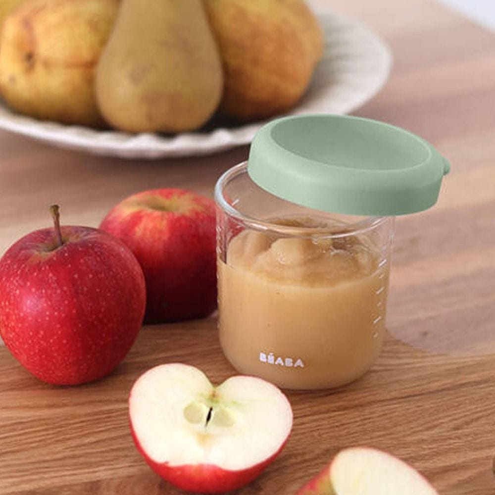 Beaba Glass Conservative Jars 250ml, Heat And Thermal Shock Resistant, Easy-to-Read Measurement Markings, Airtight Lid For Freshness Preservation - Sage Green