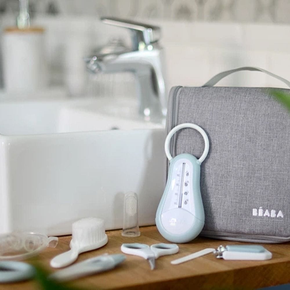 Beaba Hanging Toiletry Pouch With 9 Accessories, Integrated Multi-Storage, Easily Transportable, Rotating Hook, Compact And Versatile Care Kit - Green/Blue