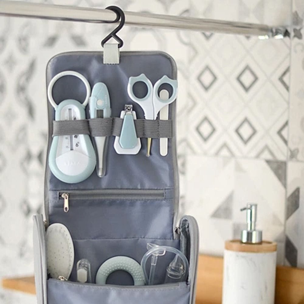 Beaba Hanging Toiletry Pouch With 9 Accessories, Integrated Multi-Storage, Easily Transportable, Rotating Hook, Compact And Versatile Care Kit - Green/Blue