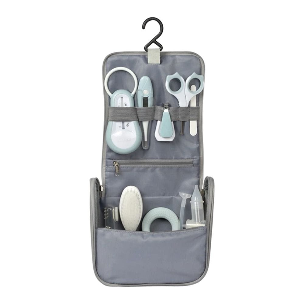 Beaba Hanging Toiletry Pouch With 9 Accessories, Integrated Multi-Storage, Easily Transportable, Rotating Hook, Compact And Versatile Care Kit - Green/Blue