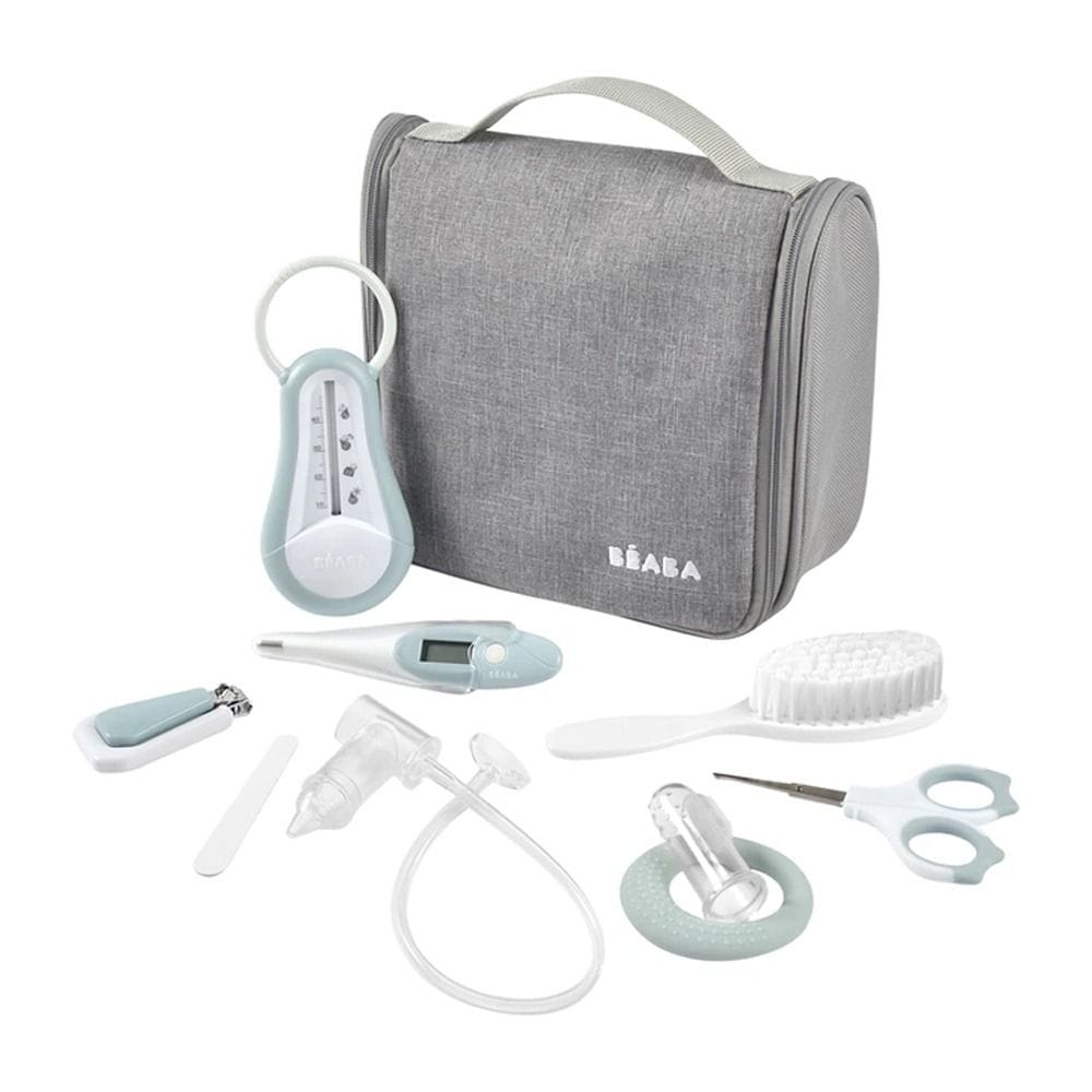 Beaba Hanging Toiletry Pouch With 9 Accessories, Integrated Multi-Storage, Easily Transportable, Rotating Hook, Compact And Versatile Care Kit - Green/Blue