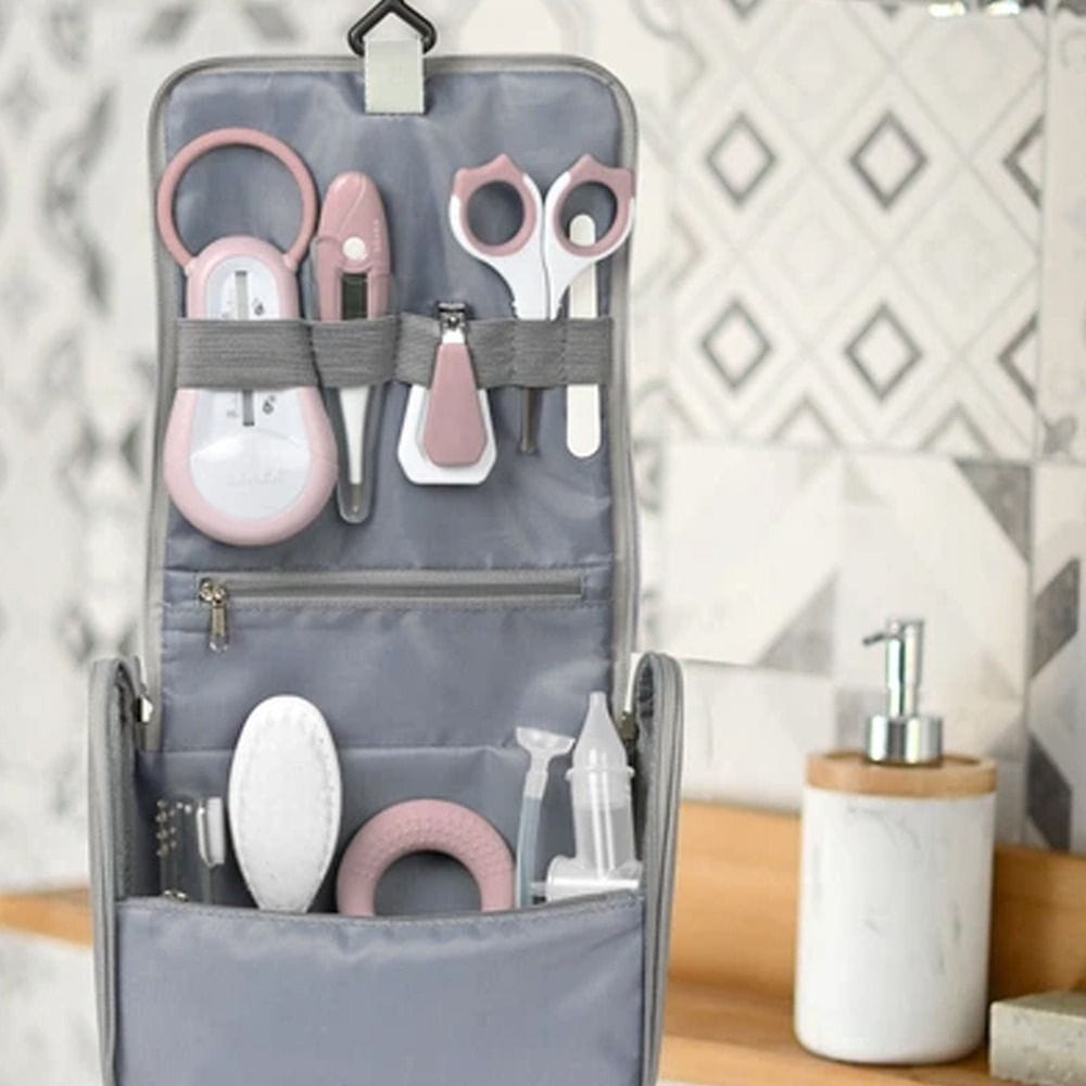 Beaba Hanging Toiletry Pouch With 9 Accessories, Integrated Multi-Storage, Easily Transportable, Rotating Hook, Compact And Versatile Care Kit - Old Pink