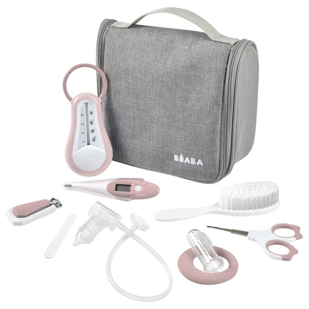 Beaba Hanging Toiletry Pouch With 9 Accessories, Integrated Multi-Storage, Easily Transportable, Rotating Hook, Compact And Versatile Care Kit - Old Pink