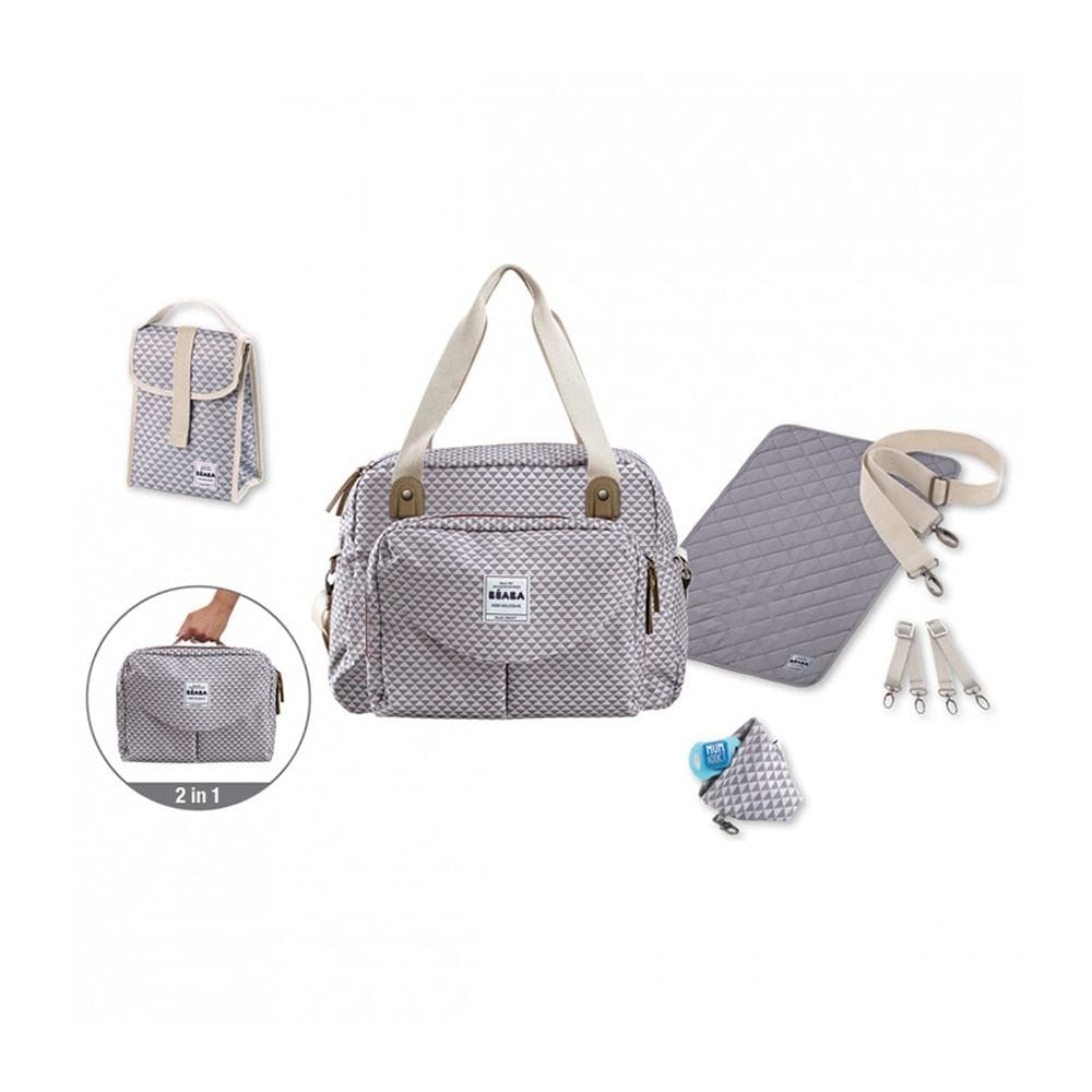 Beaba Geneva II Changing Bag, Integrated Pushchair Attachment System, Comfortable And Large Quilted Changing Mat - Play Print Gray Coral