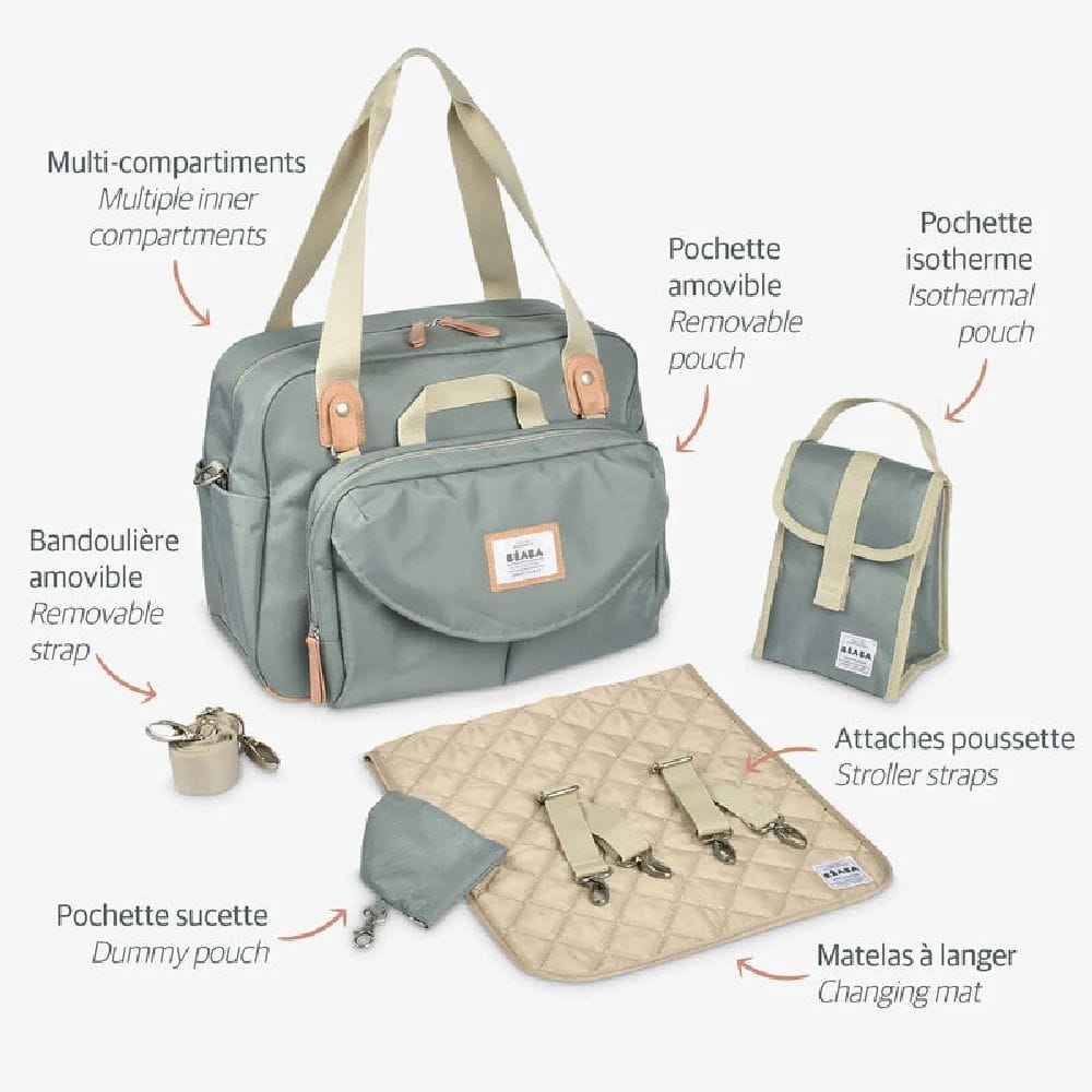 Beaba Geneva II Changing Bag, Integrated Pushchair Attachment System, Comfortable And Large Quilted Changing Mat - Sage Green