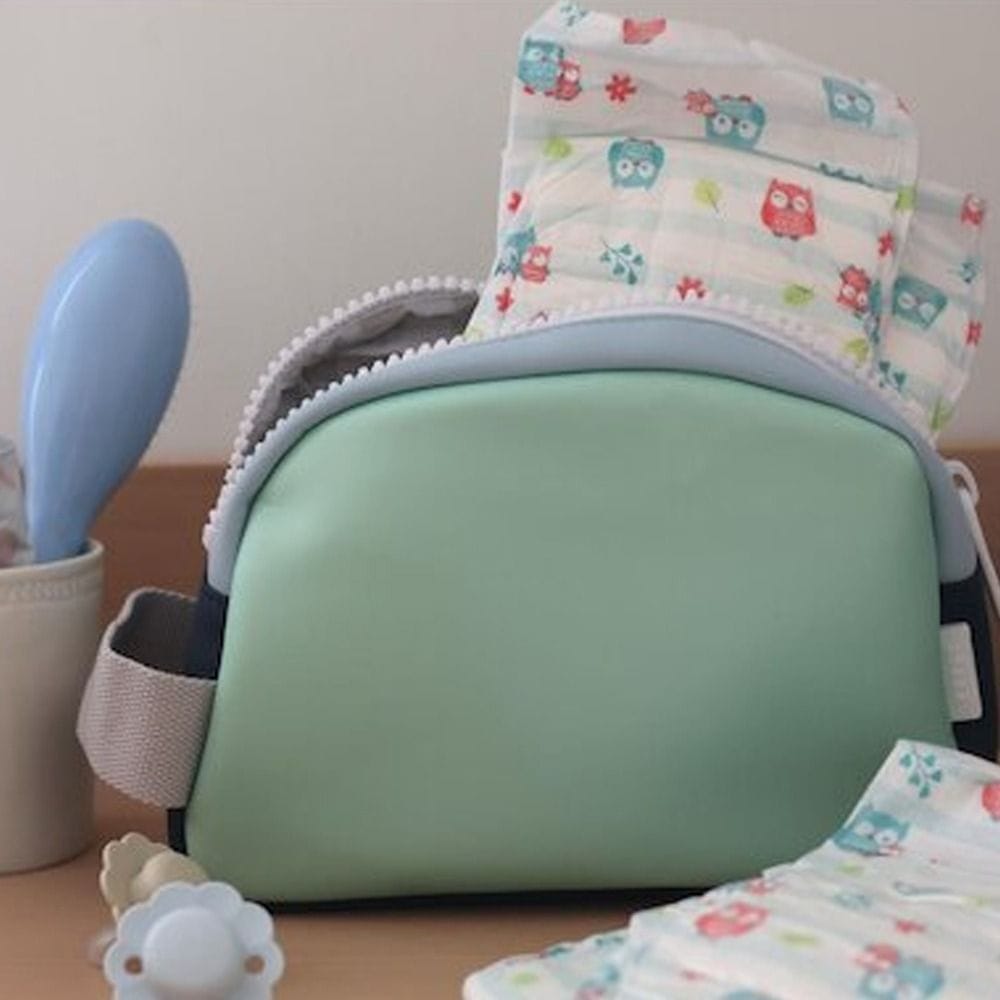 Beaba Faro Toiletry Bag, Waterproof, PFAS-Free, Customizable Name Tag, Wide Zip Opening - Matcha Latte