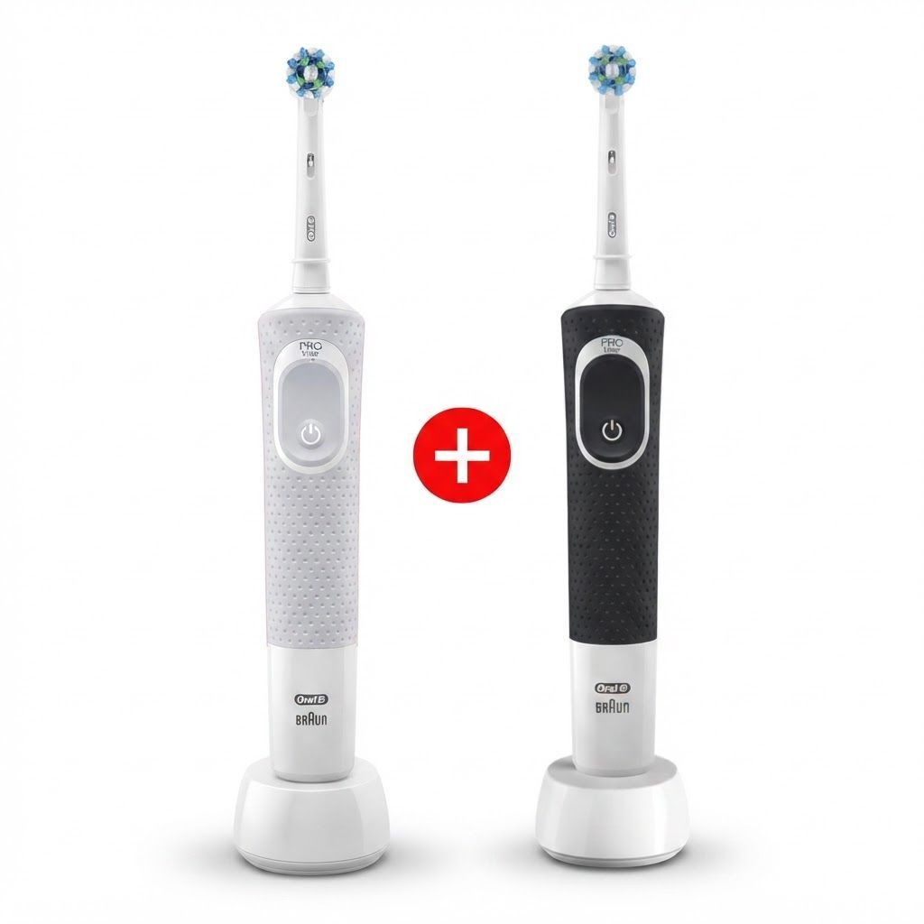 Oral-B Vitality D100 Electric Toothbrush Bundle, Black & White - 1+1 Free Set with CrossAction Brush