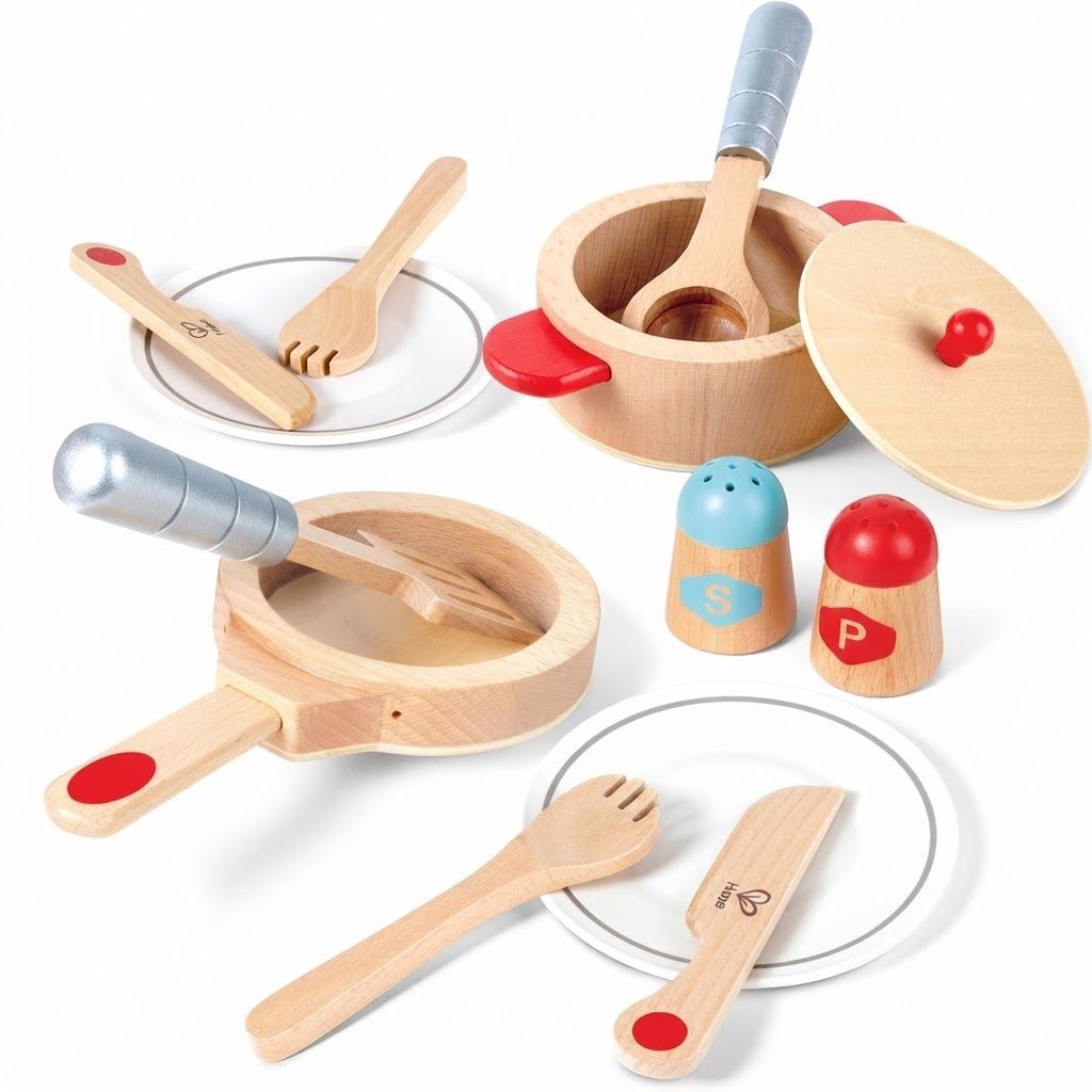 Hape Cook & Serve Set - 13-Piece Wooden Pretend Play Kitchen Accessories for Toddlers, Multicolor