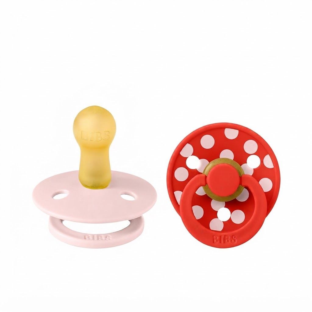 BIBS Polka Studio Colour Latex Round Pacifier Size 2 6+ Months 2 Pack, Ergonomic Shield Design, BPA-Free And Safe Materials - Blossom/Candy Apple