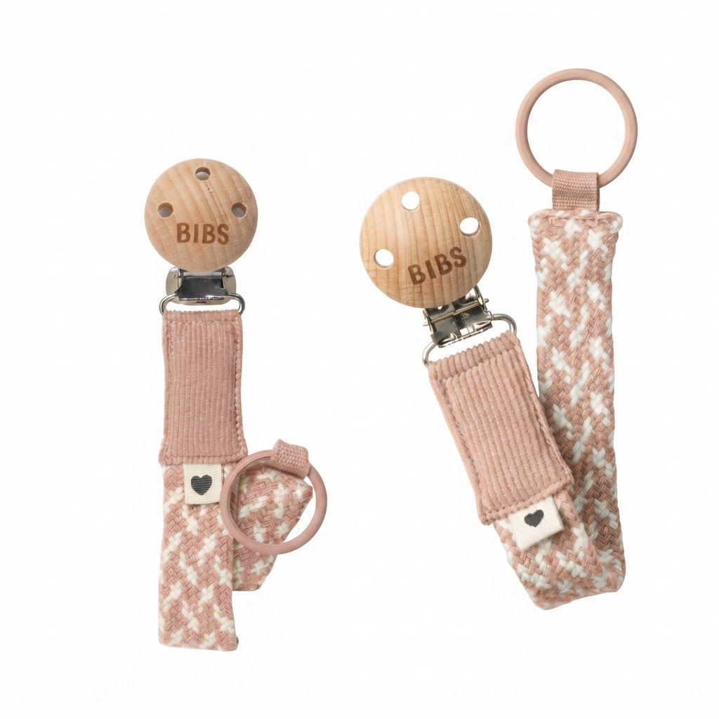 BIBS Braided Pacifier Clip 0+ Months 22cm, Safe And Practical Design, High-Quality Nickel-Free, Easily Attach To Your Baby’s Clothes - Blush/Ivory