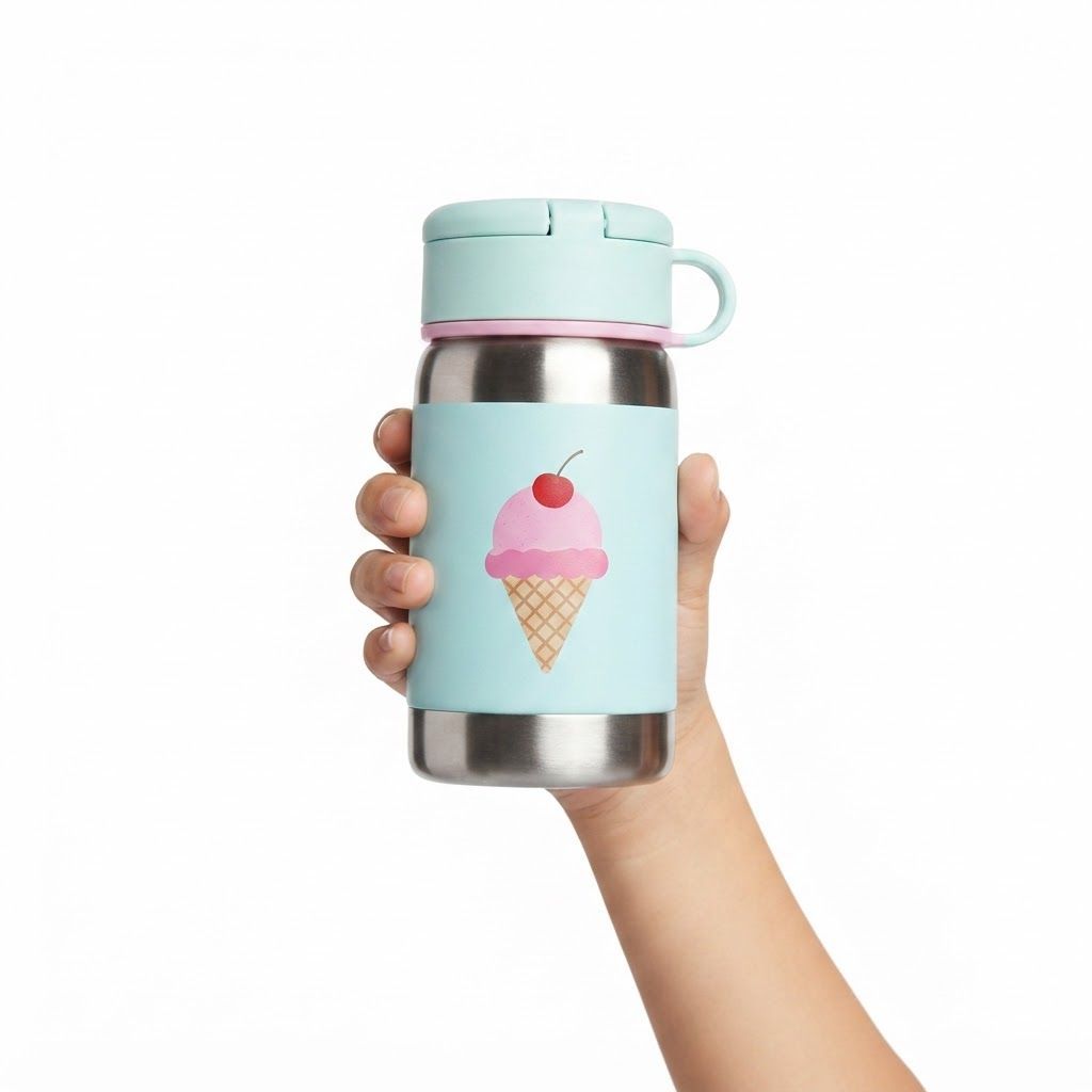 Skip Hop Ice Cream Spark Style Stainless Steel Kids Straw Bottle 12+ Months 350ml, Comfortable No Slip Silicone Grip, Flexible Straw Flips - Multicolour