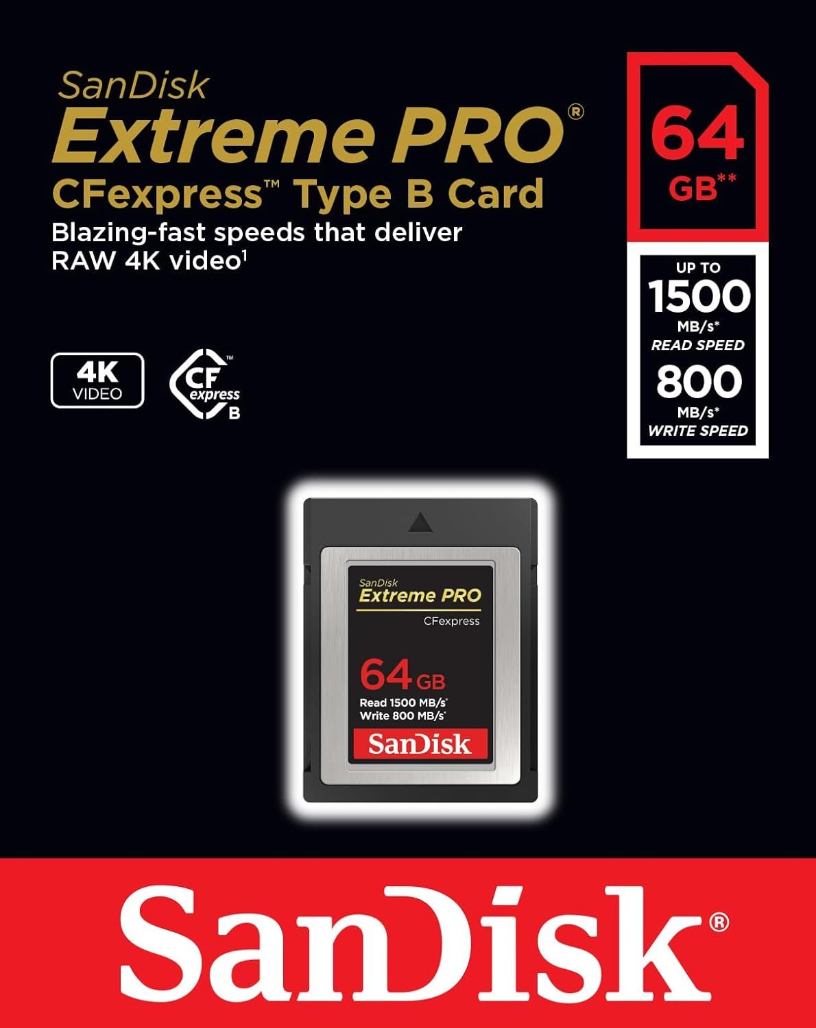 SanDisk Extreme Pro CFexpress Card Type B 64GB, 1500MB/s Read, 800MB/s Write, SDCFE-064G-GN4NN -Black 