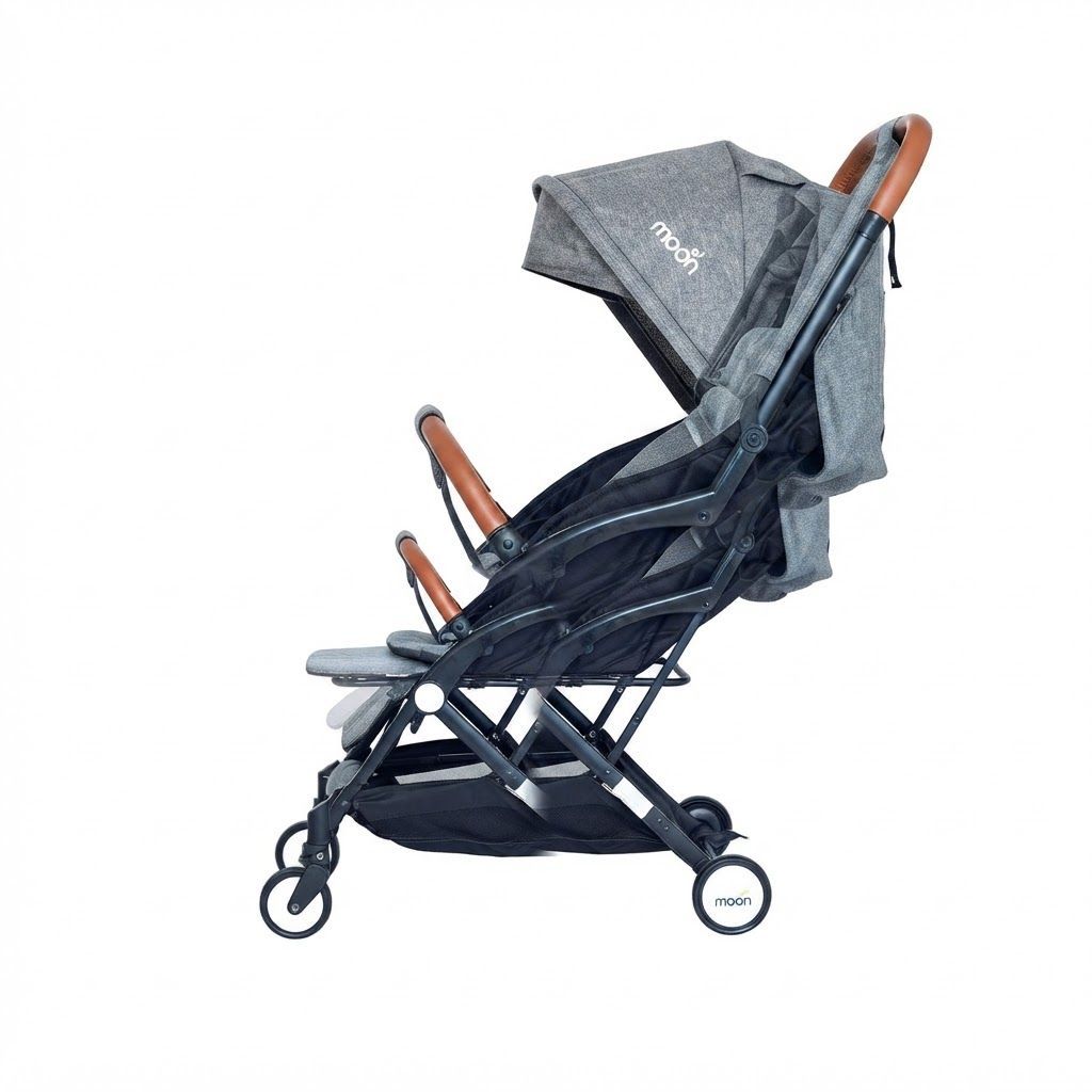 The Moon Brand Ritzi Cabin Stroller, Ultra Lightweight Travel Baby Pushchair Compact Fold Birth to 3 Years, 5-Point Safety Harness | Black and Grey 