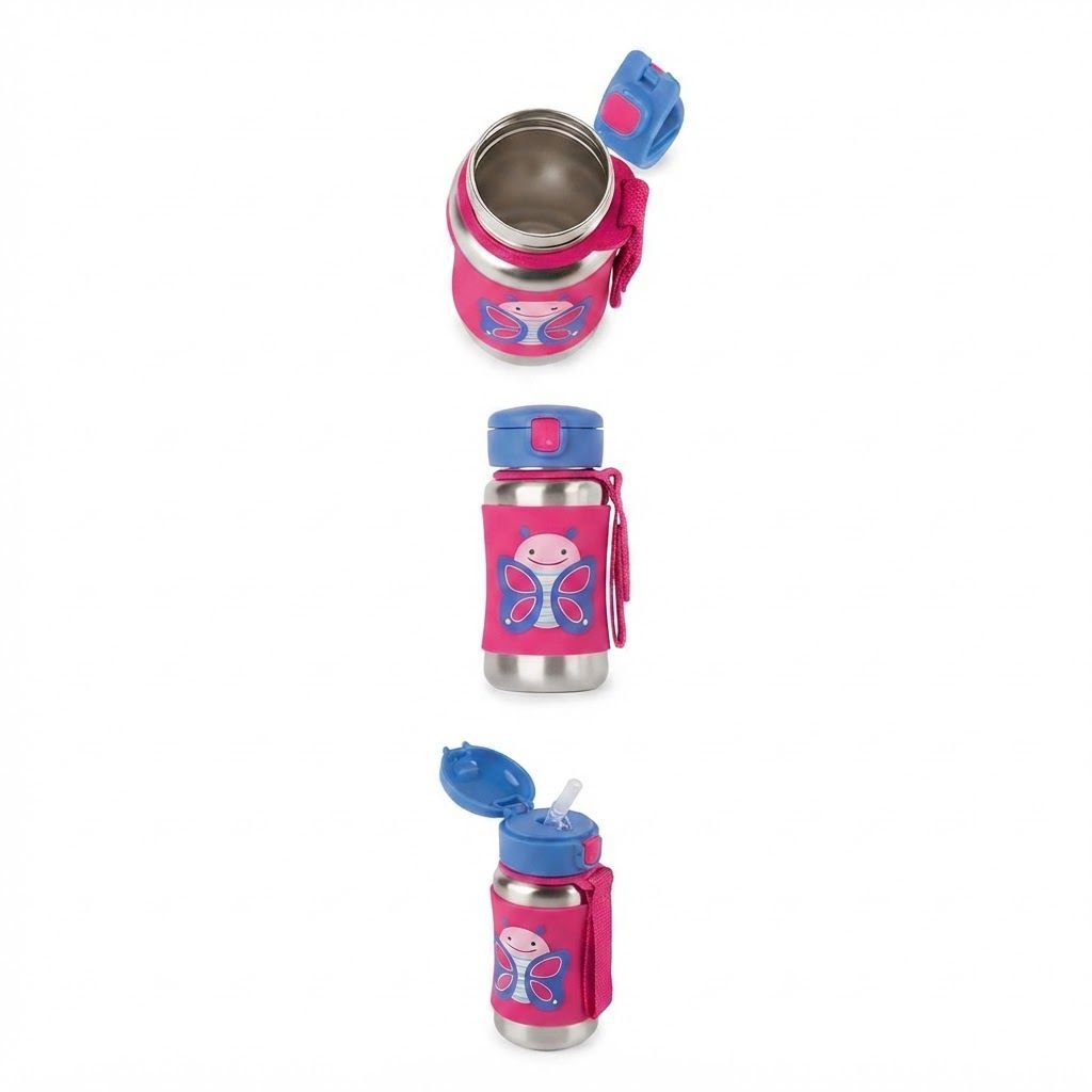 Skip Hop Zoo Racoon Stainless Steel Straw Bottle 12+ Months 350ml, No-slip Silicone Sleeve, Flexible Straw Flips Down To Stay Clean - Multicolour