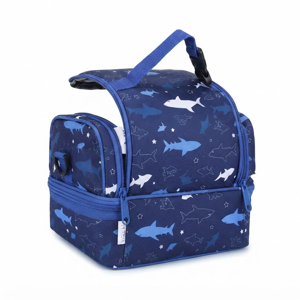 VASCHY Insulated Lunch Box for Kids - Shark Ocean Double Compartment Cooler Bag with Strap