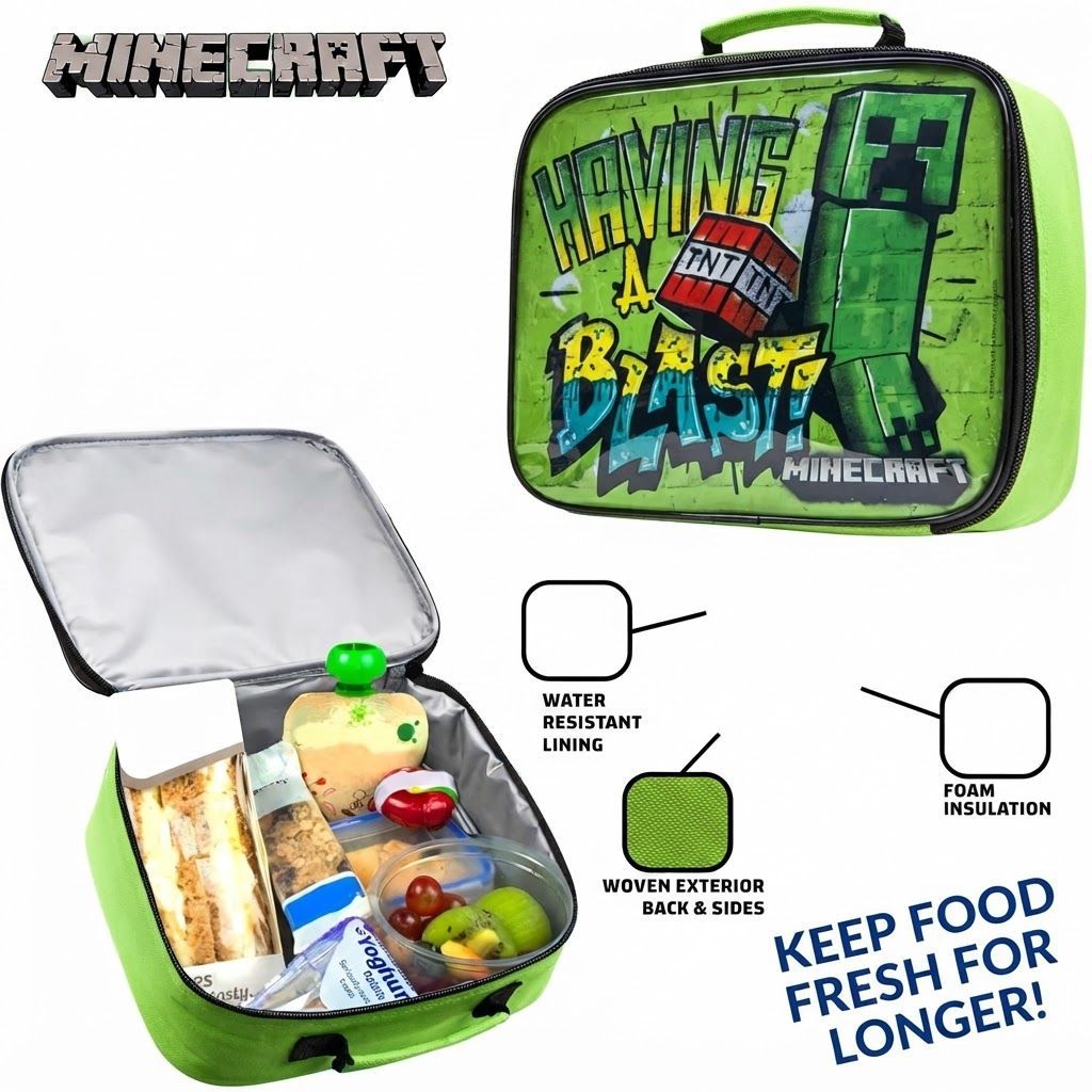 Minecraft 3-Piece Kids Lunch Bag Set, Insulated Lunch Box with Snack Container & 420ml Water Bottle