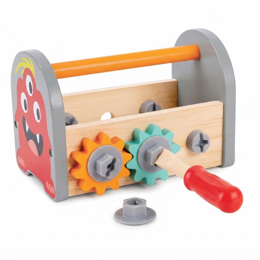 Hape Wooden Monster Fix-It Toolbox Kit - 17-Piece Pretend Play Construction Tool Set with Hammer