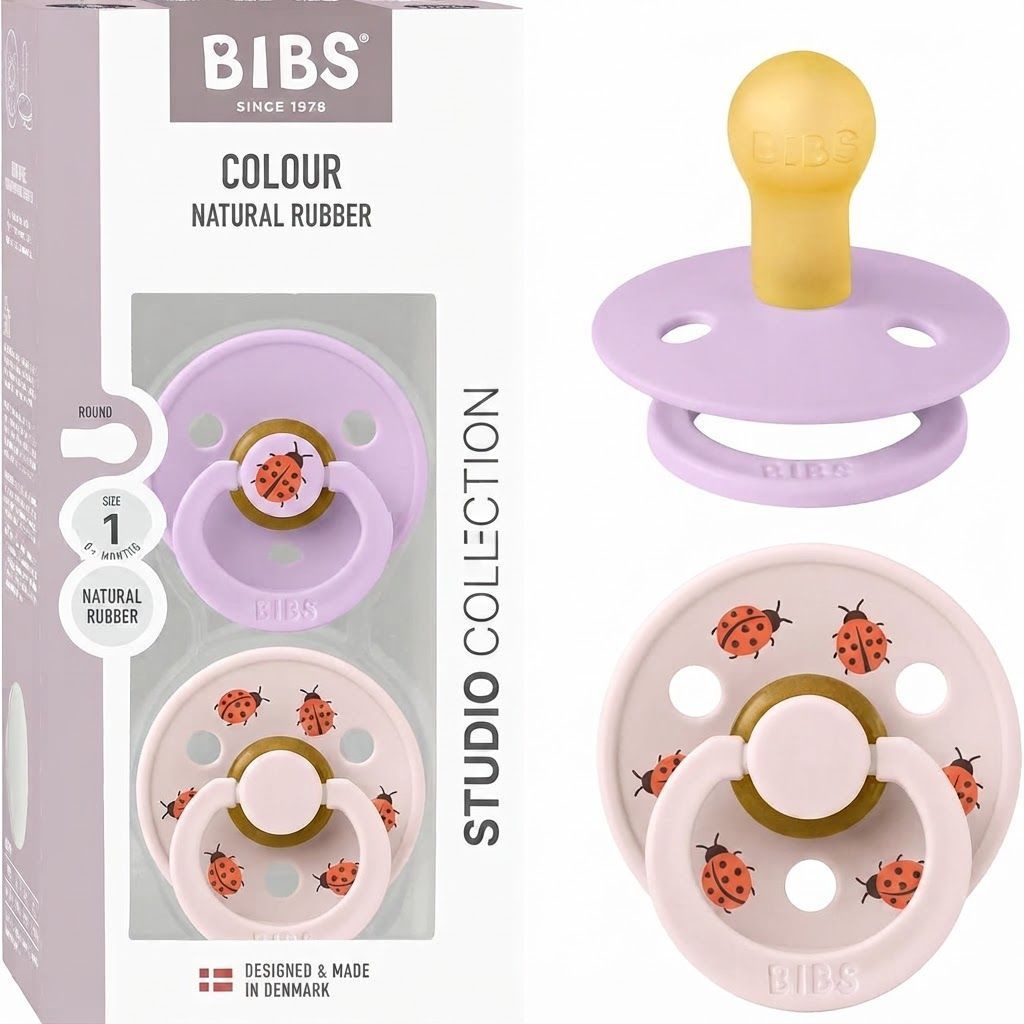 BIBS Ladybug Studio Colour Latex Round Pacifier Size 1 0+ Months 2 Pack, Ergonomic Shield Design, BPA-Free And Safe Materials - Violet Sky/Petal
