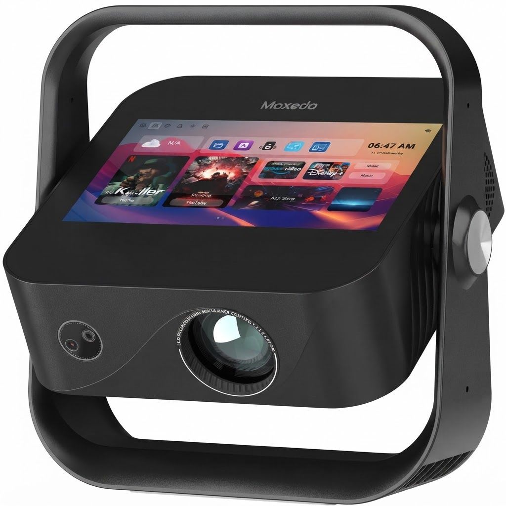 Moxedo Nova Smart Android Projector, 4K UHD Support, Android 12, 1080P Full HD, 300 ANSI Lumens, 7-Inch Touchscreen, Wi-Fi 5 & Bluetooth 5.4 | Black - MX-NSP014