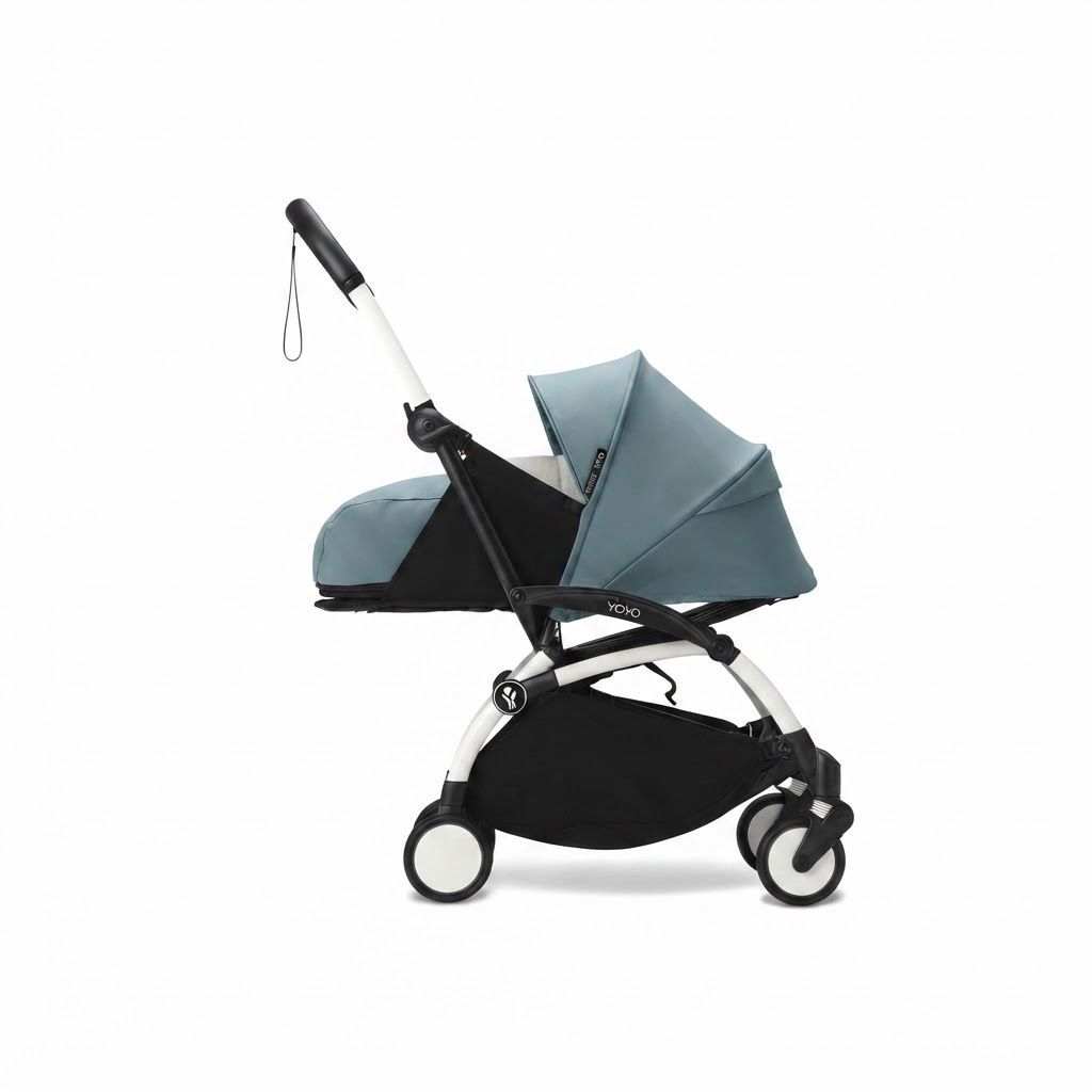 Stokke YOYO3 Newborn Stroller Pack 0+ with White Frame, Mattress & Canopy, Aqua - Ultra-Compact Travel System Allowing Newborns to Lie Completely Flat and Secure