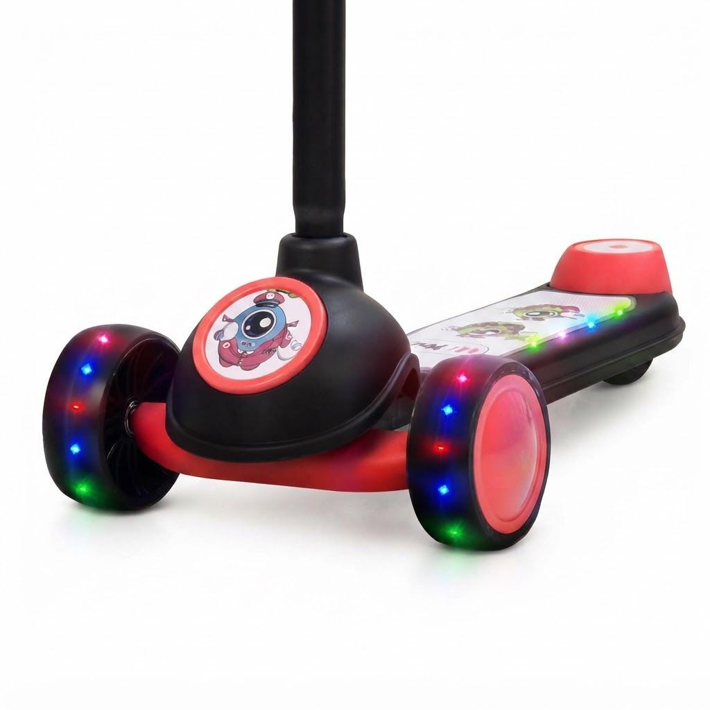 Baybee Sonic 3-Wheel Kids Scooter, Adjustable Height Kick Scooter with LED Light-Up PU Wheels, Lean-to-Steer, Black