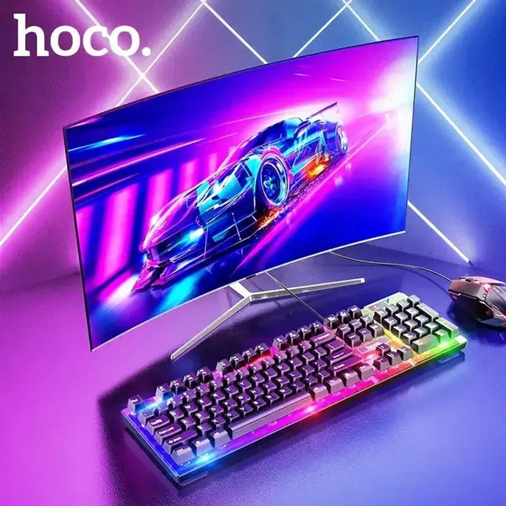 HOCO GM18 Luminous Gaming Keyboard & Mouse Set, RGB Backlit Wired Combo, Ergonomic Design, USB Plug & Play - Black