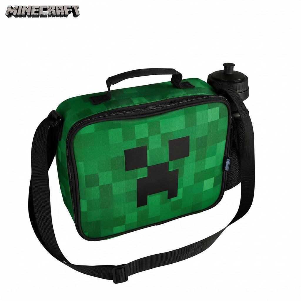 Minecraft Insulated Lunch Bag for Kids, Creeper Gaming Lunch Box with Water Bottle, Durable School Lunch Bag