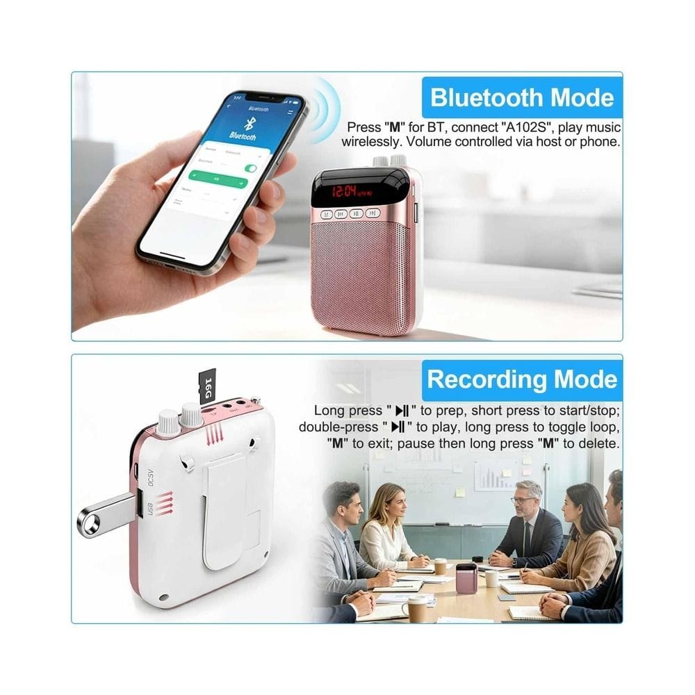 Portable Voice Amplifier with Bluetooth Rechargeable 2400mAh Waistband Megaphone Speaker & Wired Headset Mic, 10W Output, Up to 20H Playtime