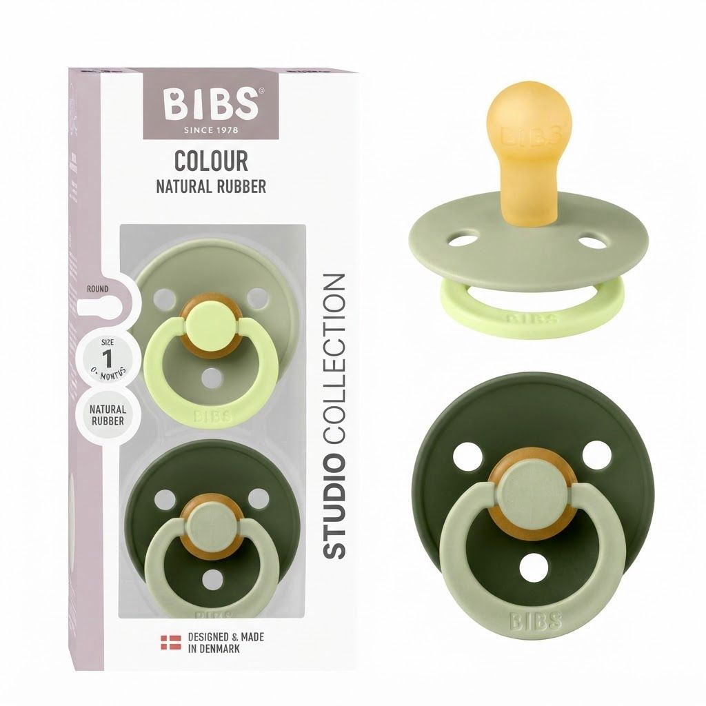 BIBS Fusion Studio Colour Latex Round Pacifier Size 1 0+ Months 2 Pack, Ergonomic Shield Design, BPA-Free And Safe Materials - Sage Hunter Green Mix