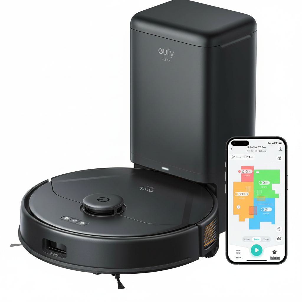 eufy Clean X8 Pro Robot Vacuum & Mop, Self-Emptying Station, Dual-Turbine Suction, Smart Mapping, App Control - Black