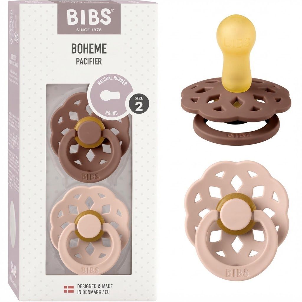 عبوة من لهايتين BIBS بوهم بحلمة لاتكس مقاس 2، لعمر +6 أشهر، تمنح الراحة وتحفز المص، حلمة من المطاط الطبيعي، تصميم واقٍ خفيف الوزن - بني فاتح / وردي فاتح