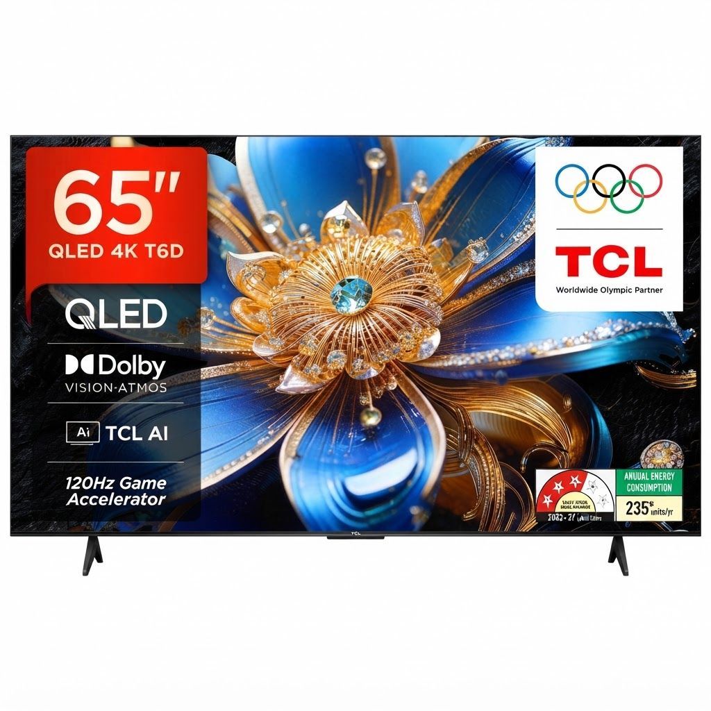 TCL 65 Inch 4K UHD QLED Smart Google TV, HDR10+, Dolby Vision, Dolby Atmos, Game Mode, Bezel-Less Design - 65T6D - Black