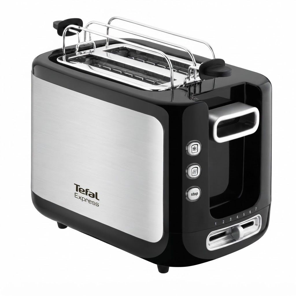 Tefal Express 2-Slot Toaster, 850W, 7 Browning Levels, Defrost & Reheat Functions, Bun Warmer - Black/Stainless Steel - TT365027
