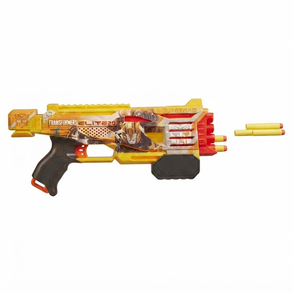 Nerf Transformers Bumblebee Dart Blaster with 8 Elite Foam Darts, 4-Barrel Pump Action Toy