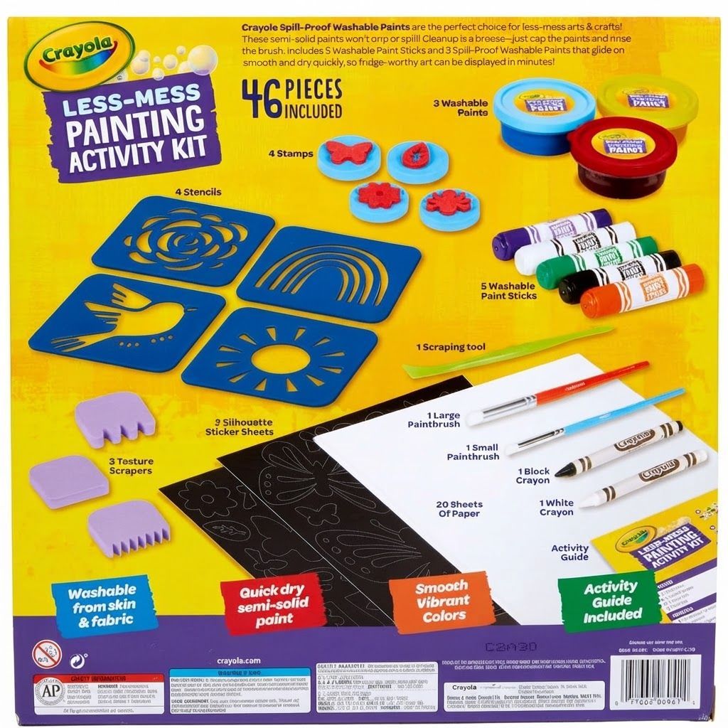 Crayola Less Mess Painting Activity Kit, 46-Piece All-in-One Art Set with Washable Paint Sticks – 4 years and up, 5 Paint Sticks, 3 Spill-Proof Paints, 1 Black Crayon, 1 White Crayon, 2 Brushes, 4