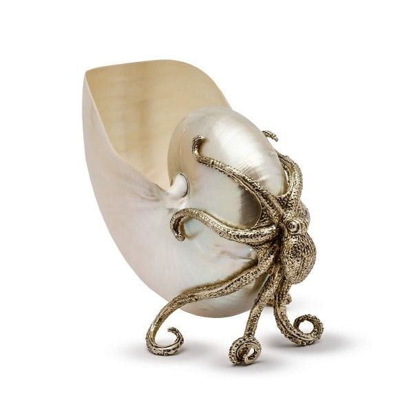 Objet Luxe Zeus Pearl Decorative Octopus, Silver Plated Brass Octopus with Pearl Nautilus Shell, Luxury Home