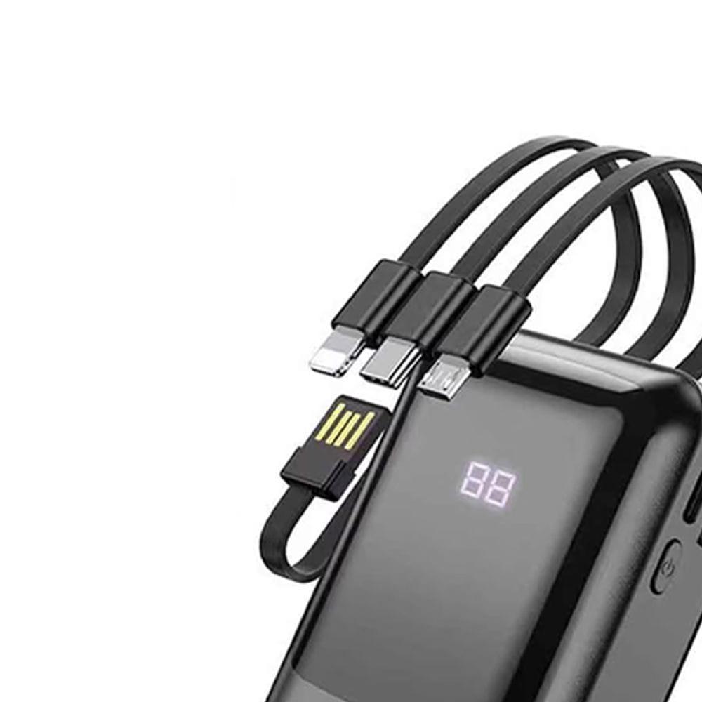 HOCO DB85 4-in-1 Power Bank 10000mAh, Built-in Charging Cables, Fast Charging Portable Battery Pack with LED Display - Black