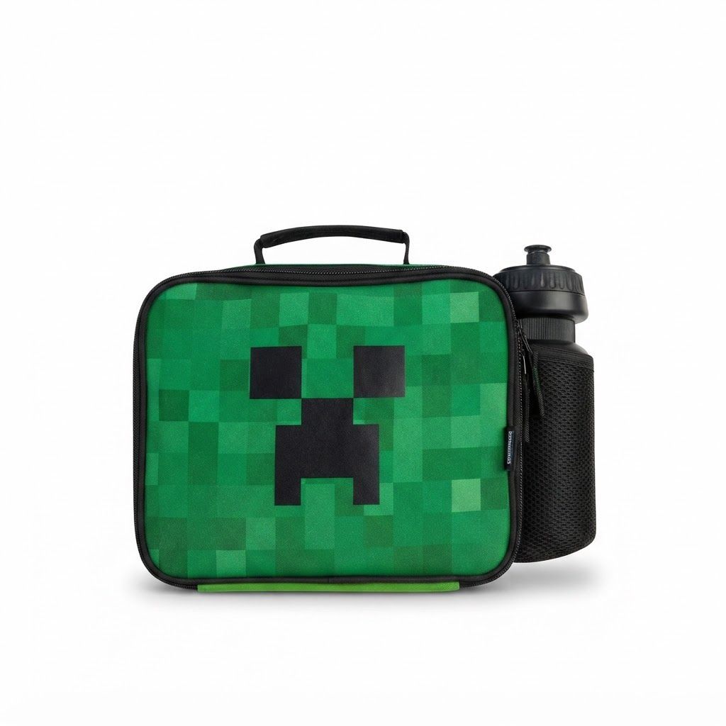 Minecraft Insulated Lunch Bag for Kids, Creeper Gaming Lunch Box with Water Bottle, Durable School Lunch Bag