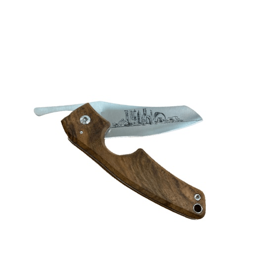 Les Fines Lames Cigar Knife Doha Edition, Gunstock Walnut Handle, 14C28N Stainless Steel Blade, 70mm Ring Gauge Cutter, Folding Cigar Knife