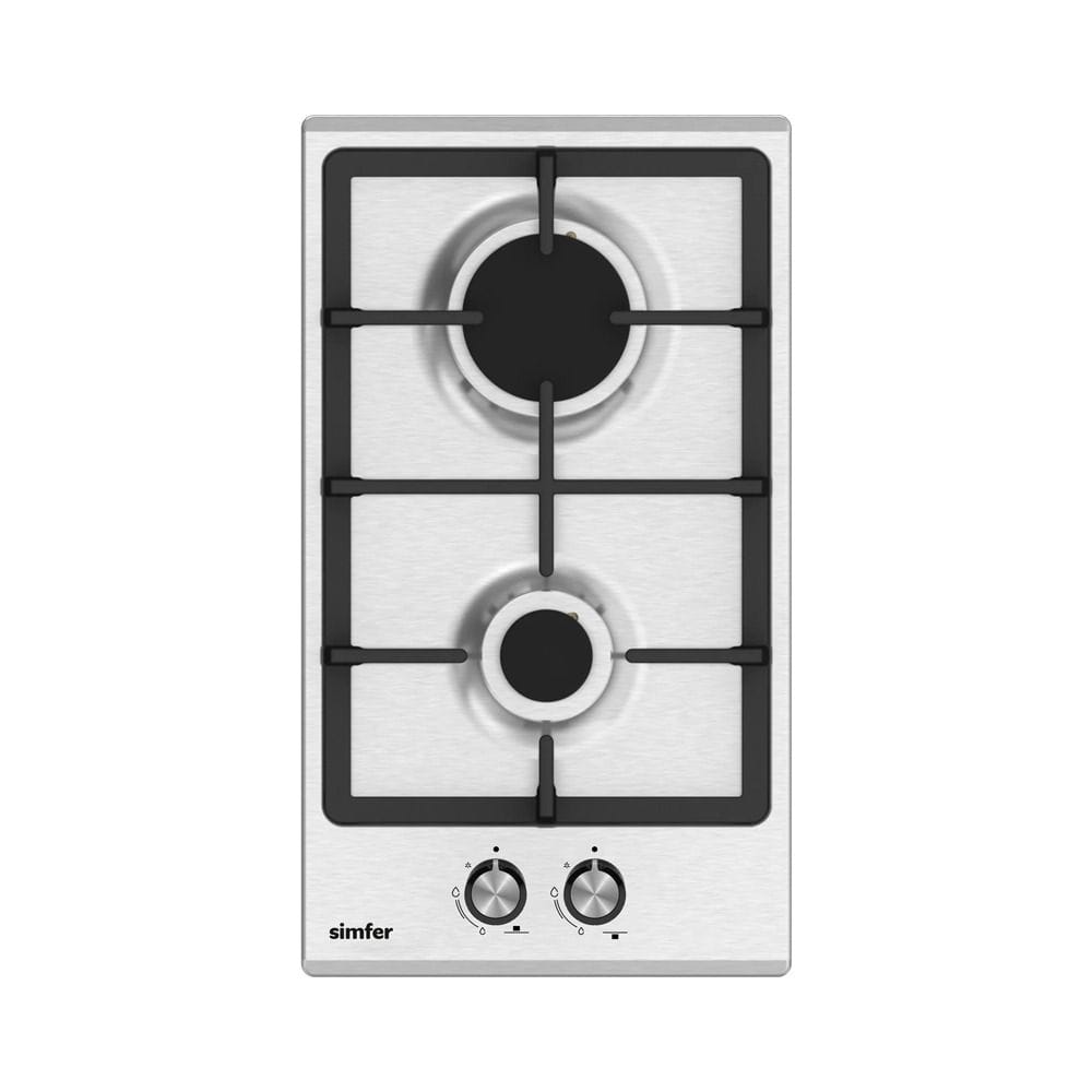Simfer 30cm Built-In Gas Hob, 2 Gas Burners, Front Controls, Compact Domino Design, Stainless Steel Surface | Stainless Steel - SMFBHGFLT30