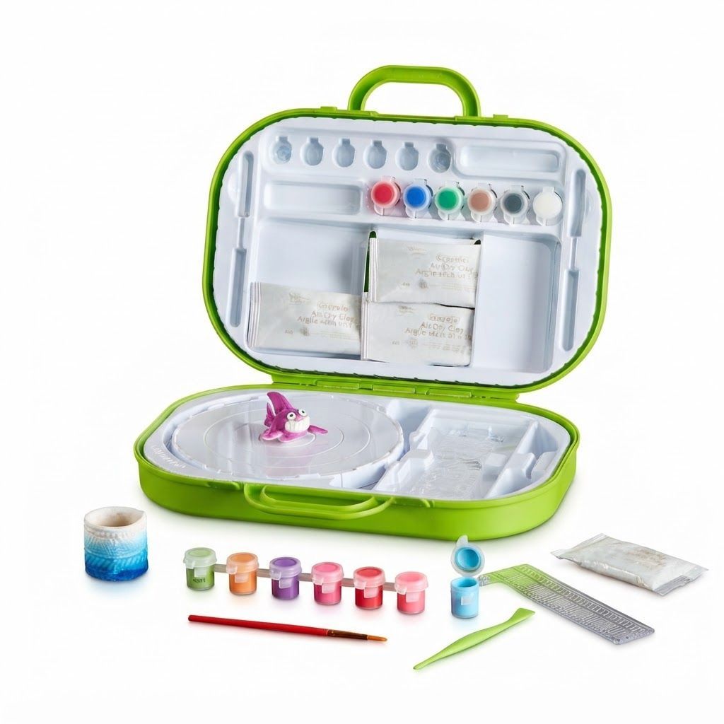 Crayola Clay Sculpting Station with Pottery Wheel, Kids Art Set for Boys & Girls Ages 6-9, Green – 6-9 Years, Air Dry Clay